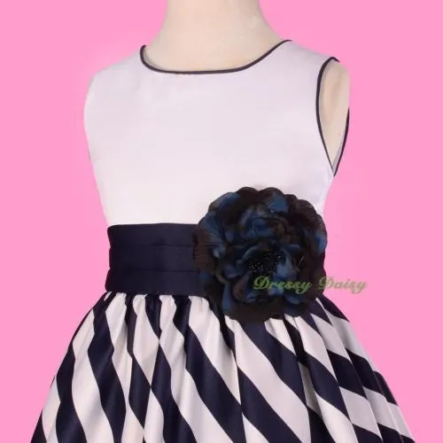 FG286 Blue Strips Satin Formal Occasion Dress Wedding Flower Girl Pageant Size 4-10