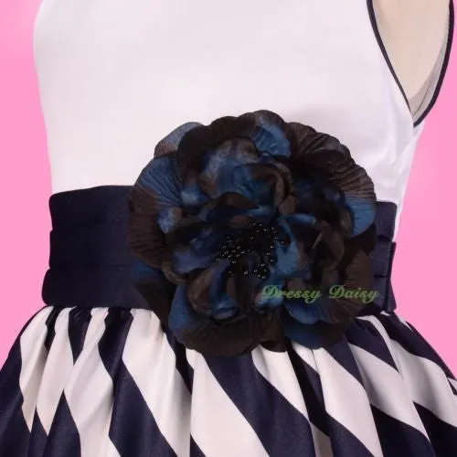 FG286 Blue Strips Satin Formal Occasion Dress Wedding Flower Girl Pageant Size 4-10