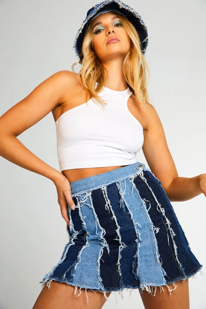 Frayed Patchwork Denim Pleated Mini Skirt