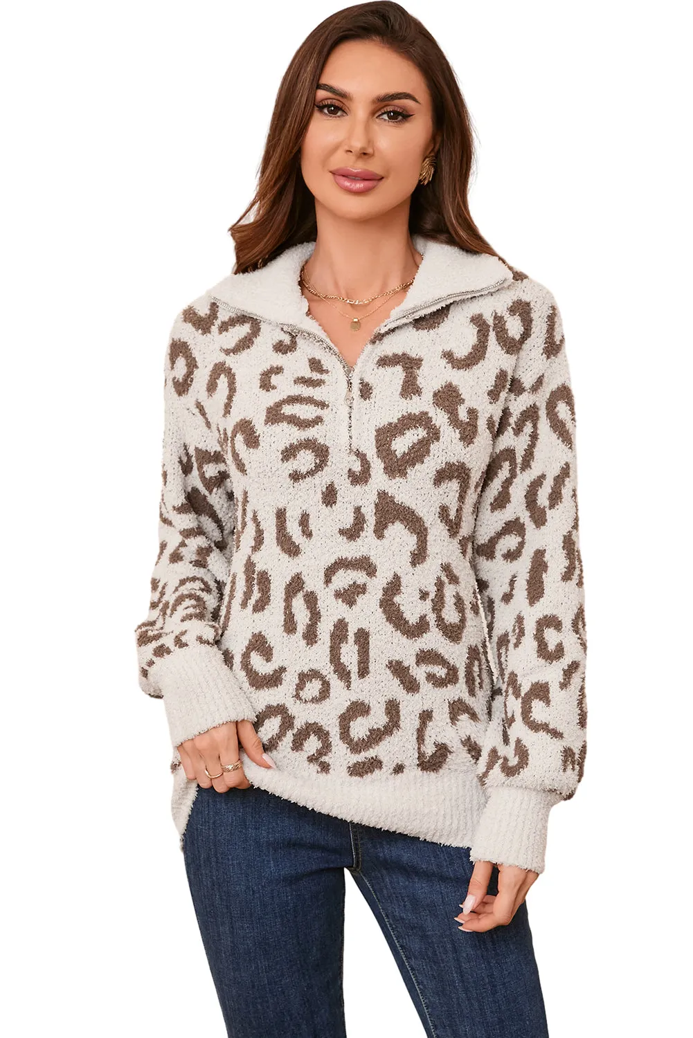 Gray Casual Animal Print Zipped Collared Sweater