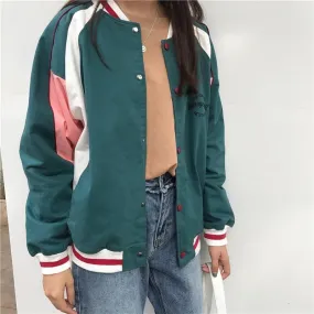 Green Gray Lines Retro Embroidery Letters Bomber Jacket