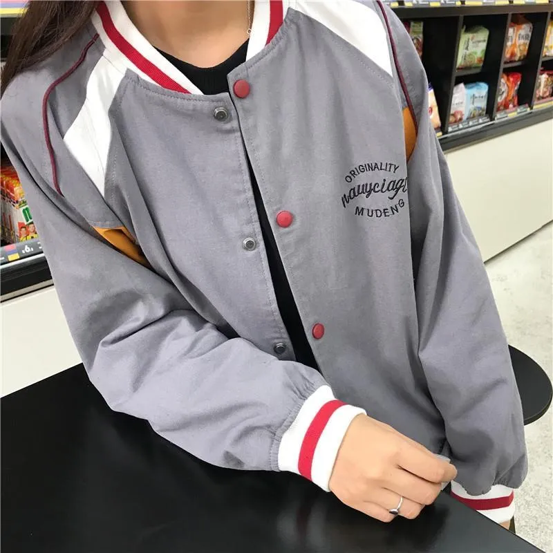 Green Gray Lines Retro Embroidery Letters Bomber Jacket