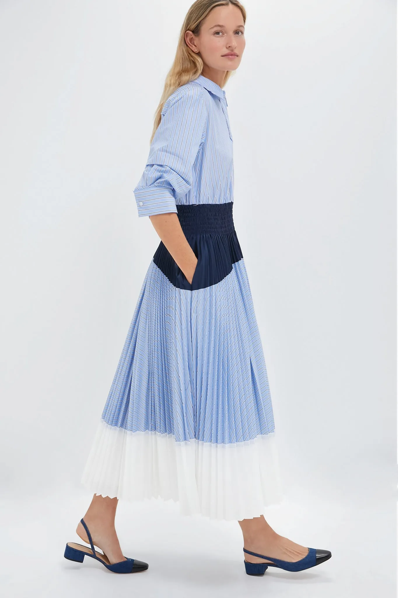 Harbor Blue Stripe Jenella Pleated Combo Dress