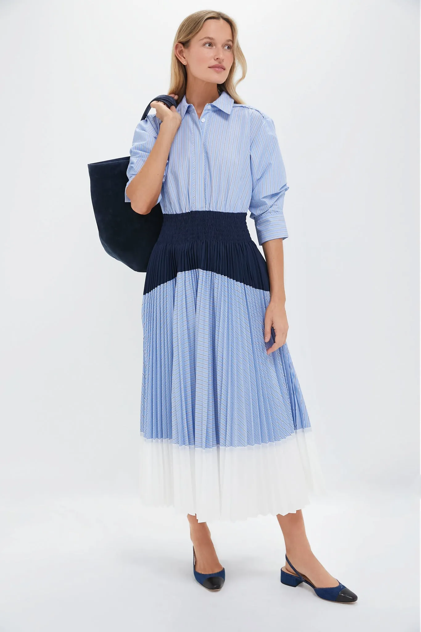 Harbor Blue Stripe Jenella Pleated Combo Dress