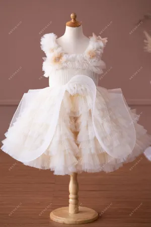 Haute Couture Flowers Designer Ruffled Tulle Knee Length Kids Formal Wear