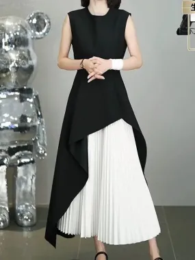 Hnzxzm Fake two-piece stitching dress 2024 summer new luxury fashion black and white stitching pleated long A-line skirt