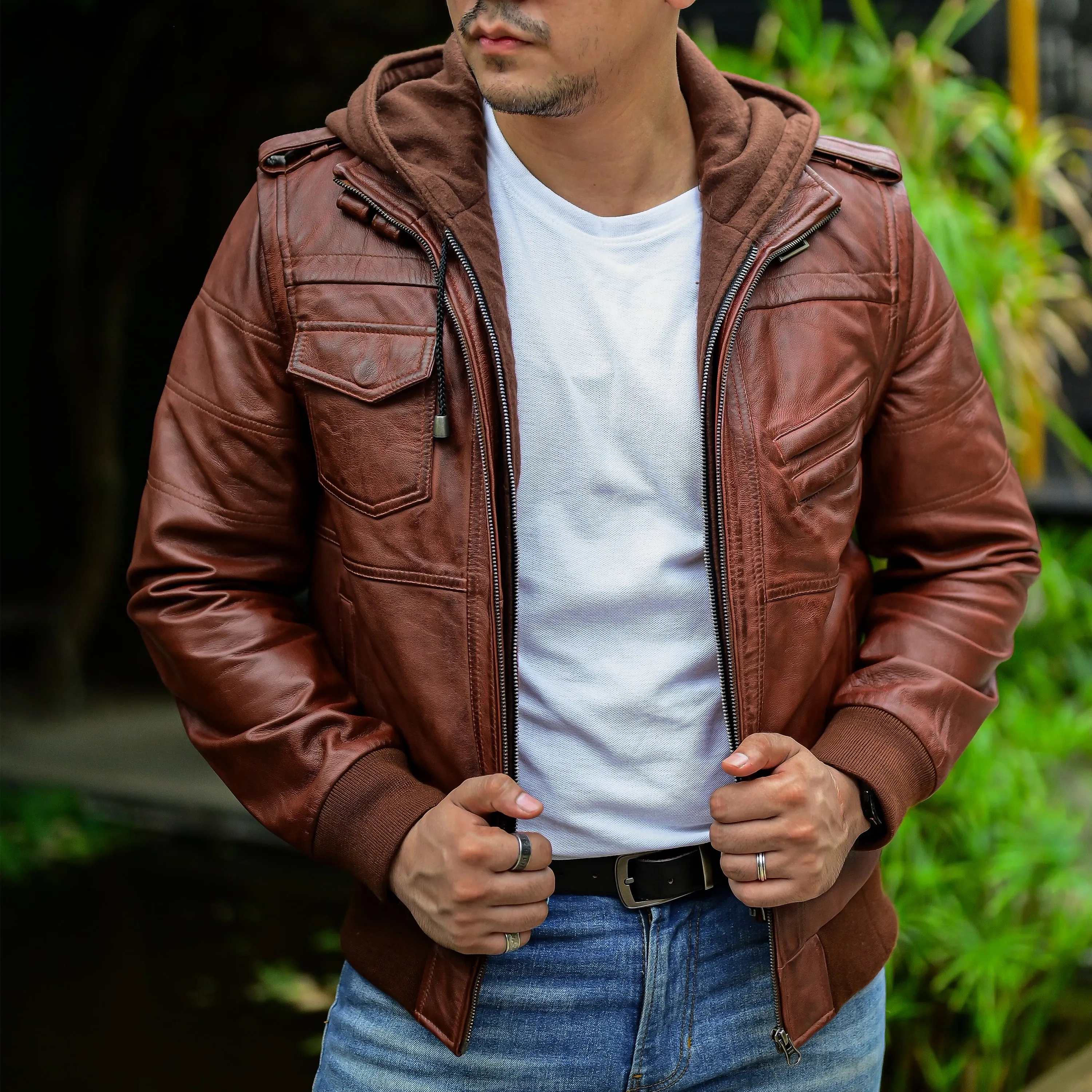 Hooded Leather Bomber Jacket with Removable Hood & Sleeves