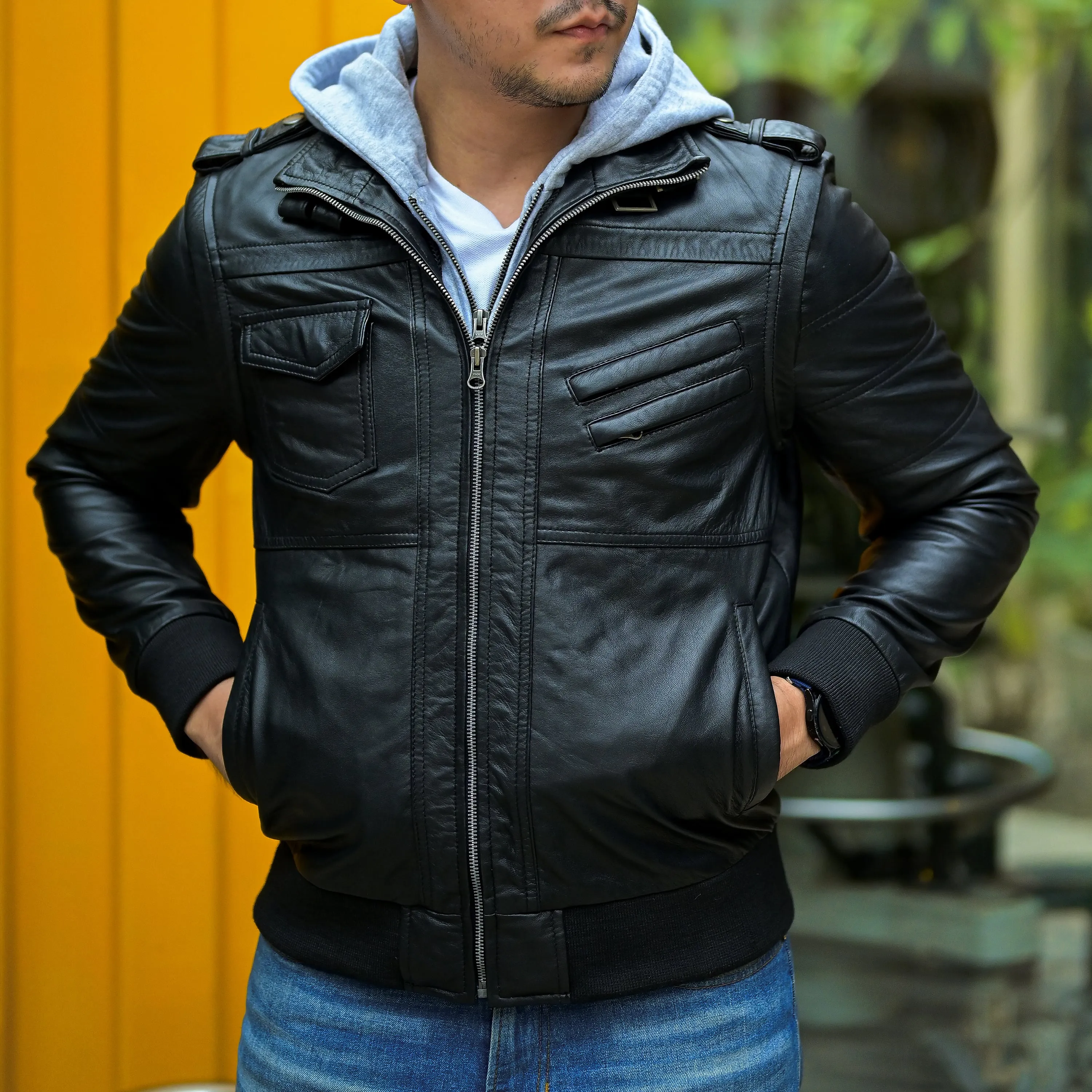 Hooded Leather Bomber Jacket with Removable Hood & Sleeves