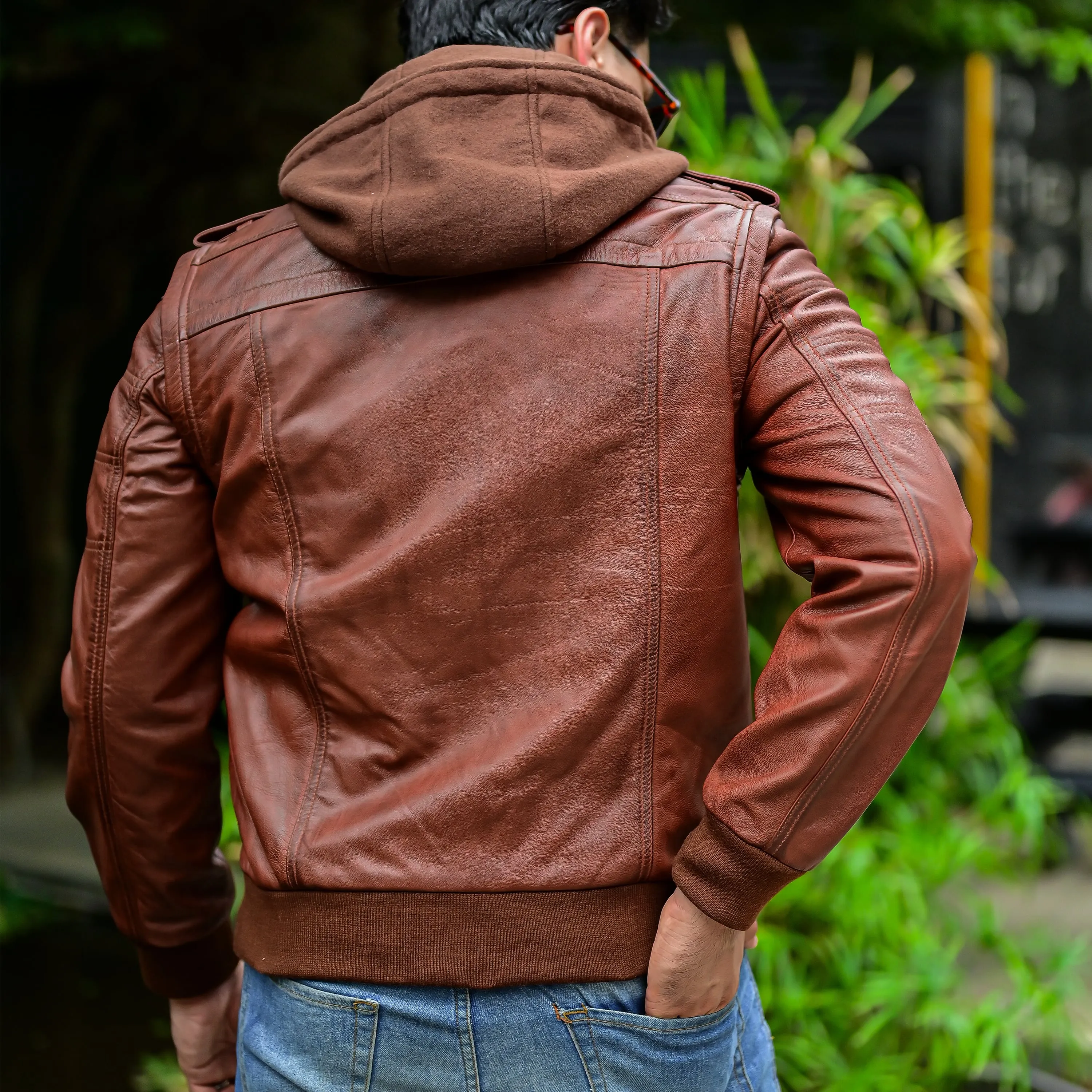 Hooded Leather Bomber Jacket with Removable Hood & Sleeves