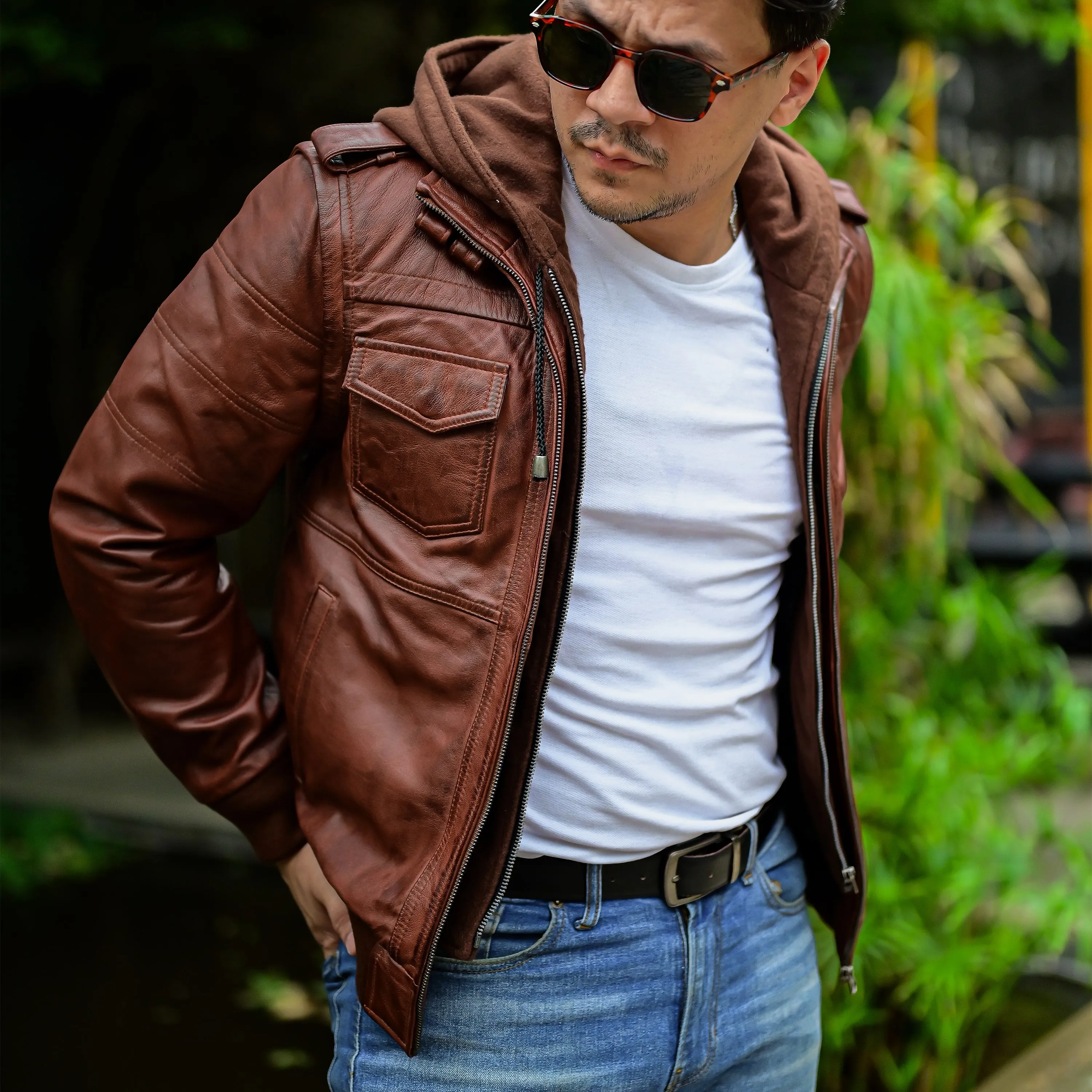 Hooded Leather Bomber Jacket with Removable Hood & Sleeves