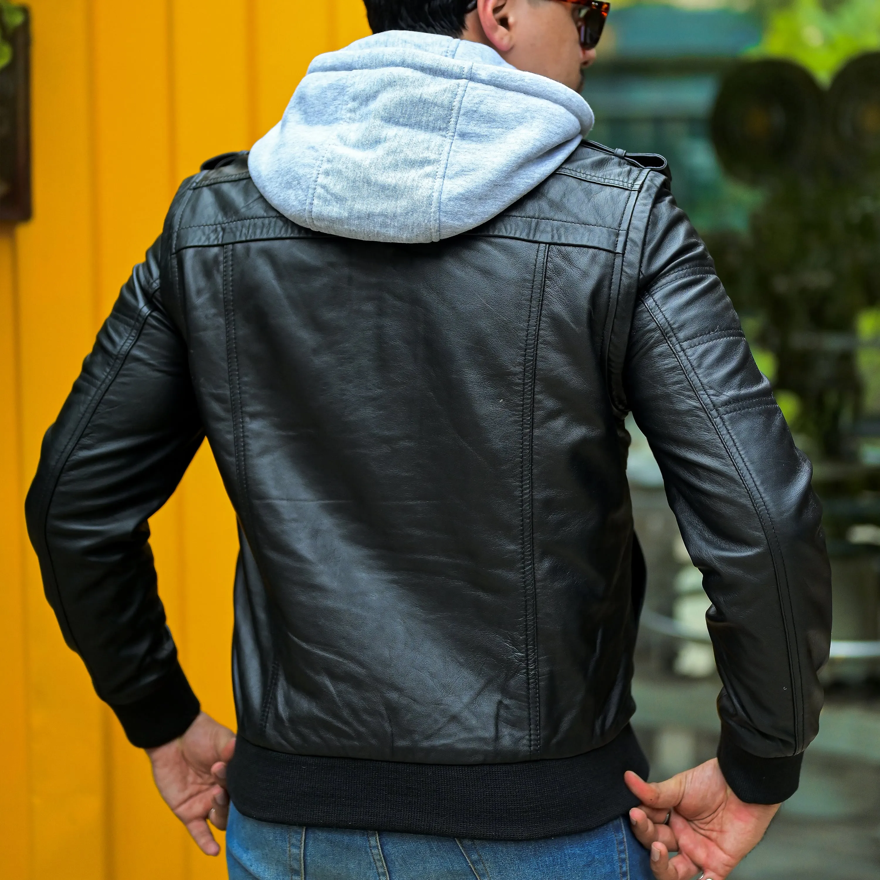 Hooded Leather Bomber Jacket with Removable Hood & Sleeves