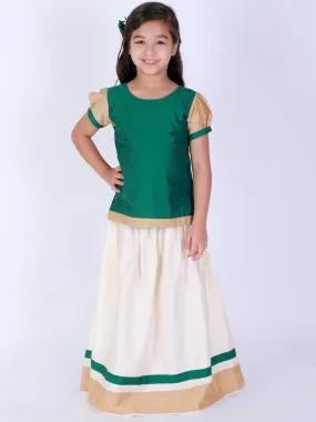 Jashvi Girl's Green & White Pavda Pattu Lehenga Choli Set