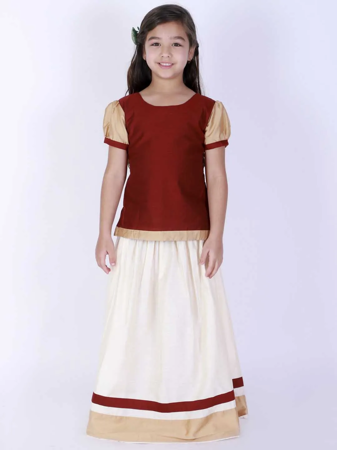 Jashvi Girl's Maroon & White Pavda Pattu Lehenga Choli Set