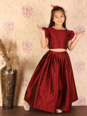 Jashvi Girl's Maroon Woven Design Booti Crop Top And Long Skirt Set