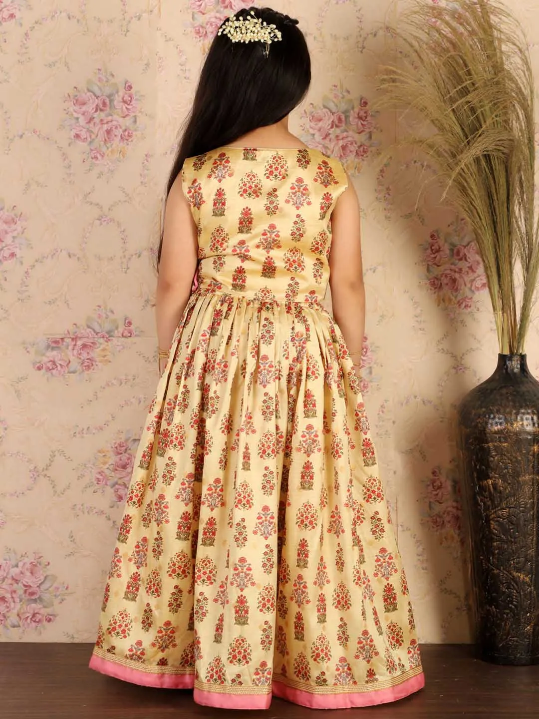 Jashvi Girl's Yellow Printed Silk Blend Crop Top & Pleated Long Skirt Set