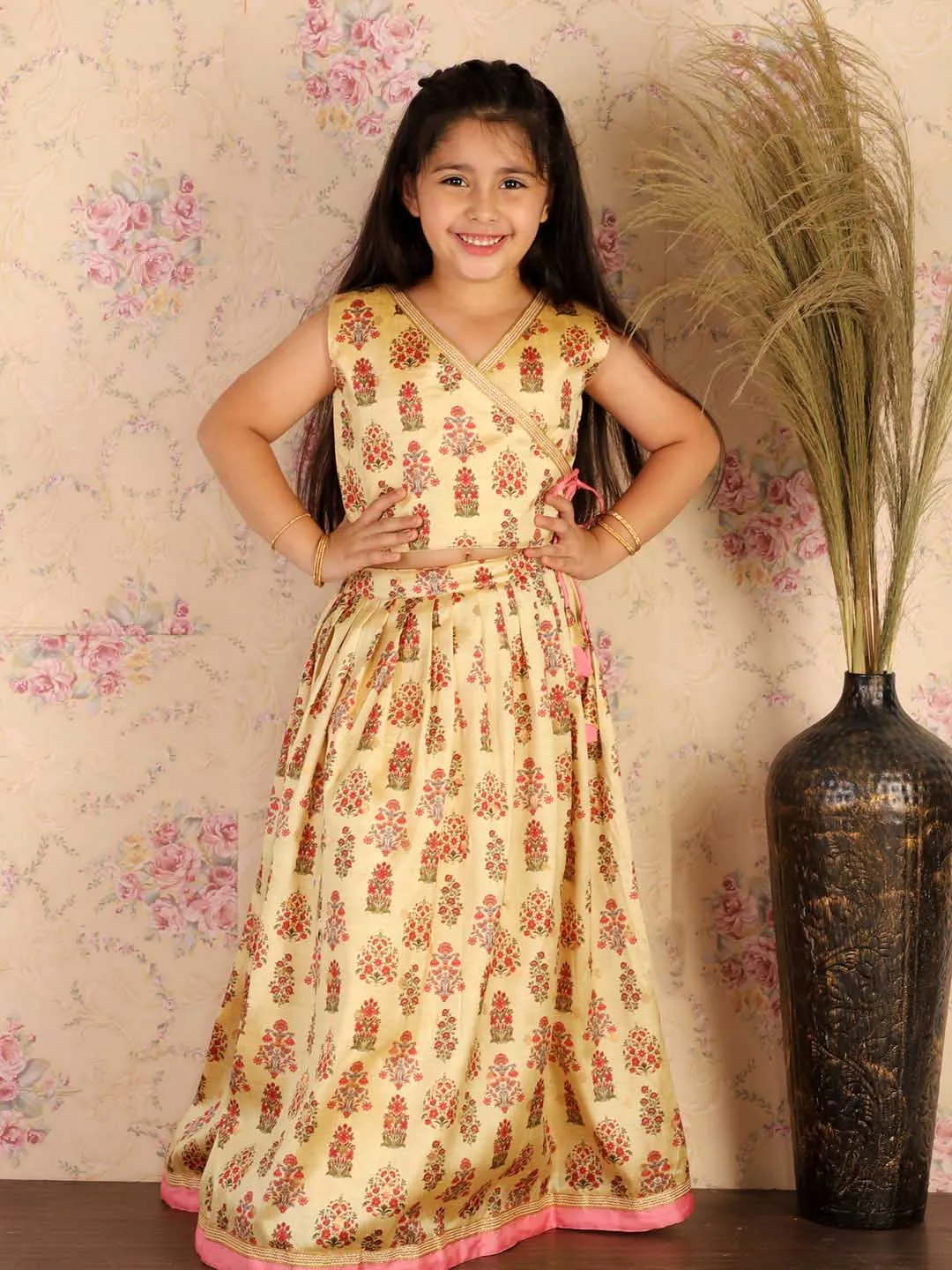 Jashvi Girl's Yellow Printed Silk Blend Crop Top & Pleated Long Skirt Set