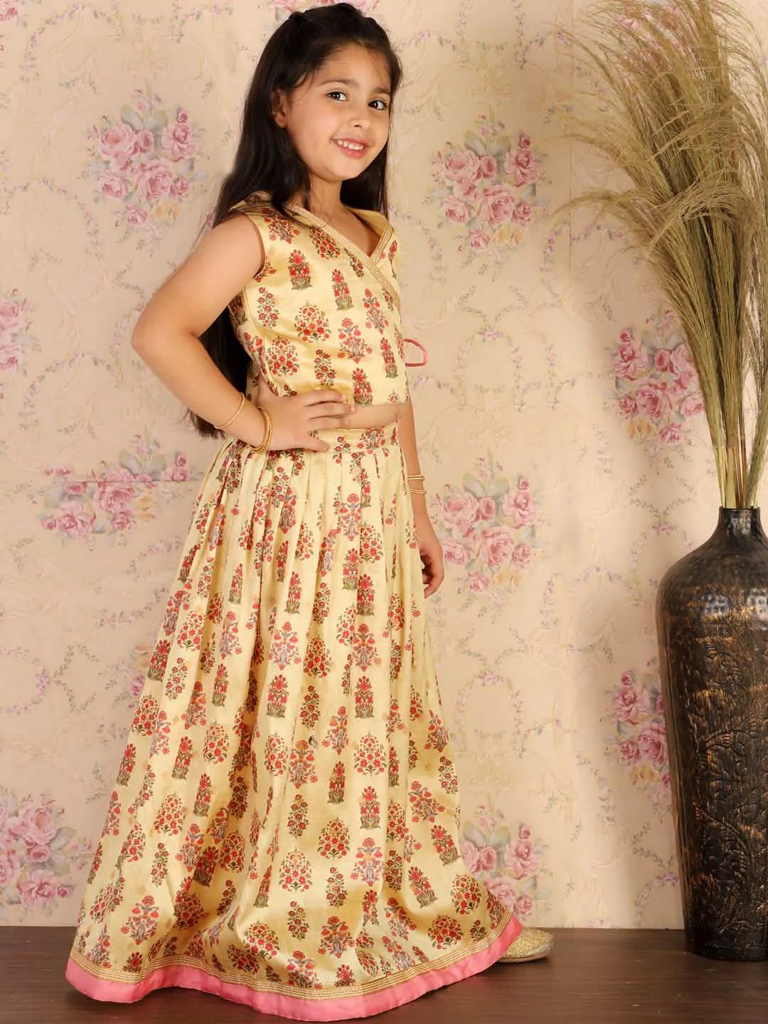 Jashvi Girl's Yellow Printed Silk Blend Crop Top & Pleated Long Skirt Set