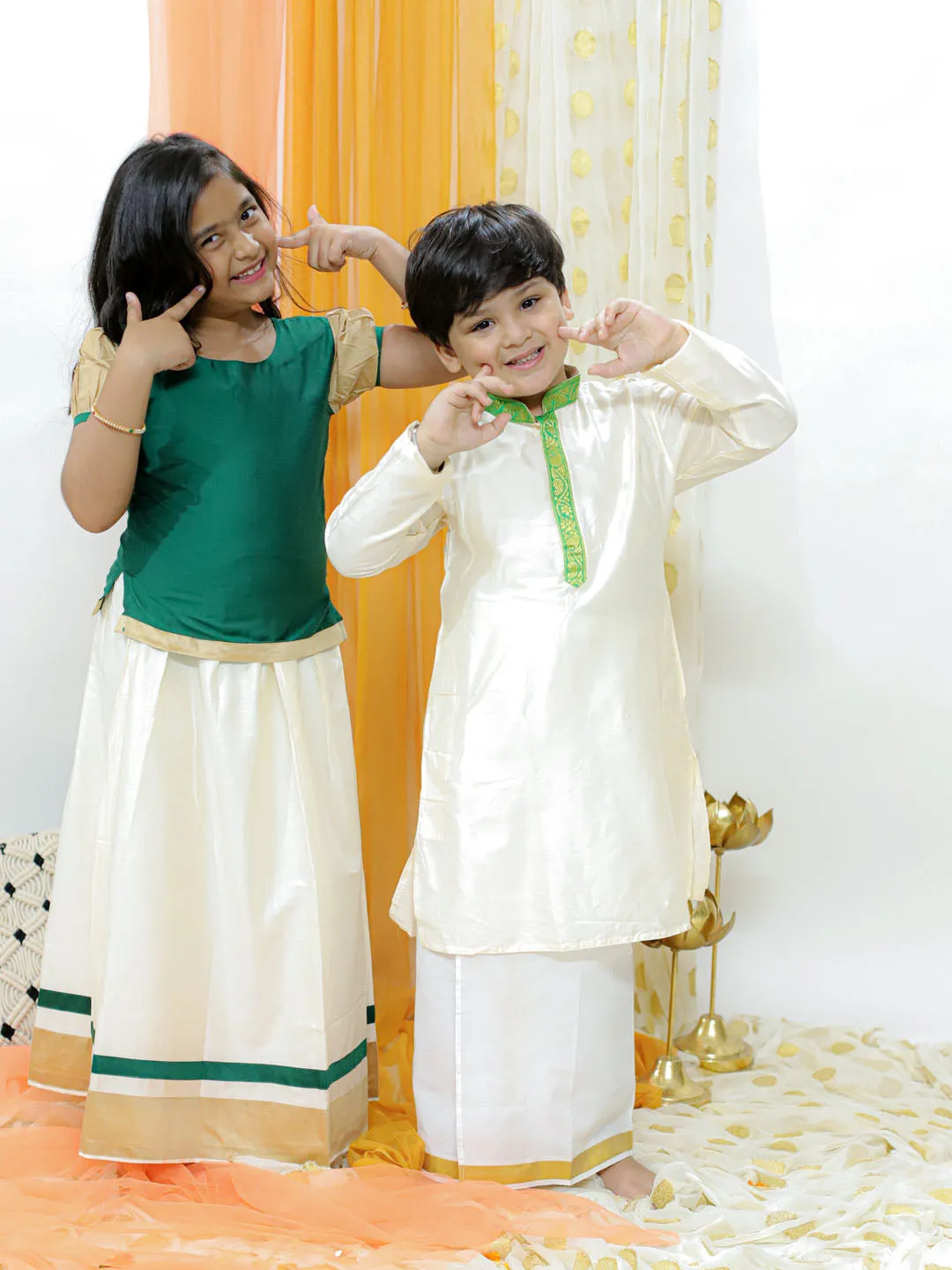 Jashvi Green And Cream South Collection Sibling Set