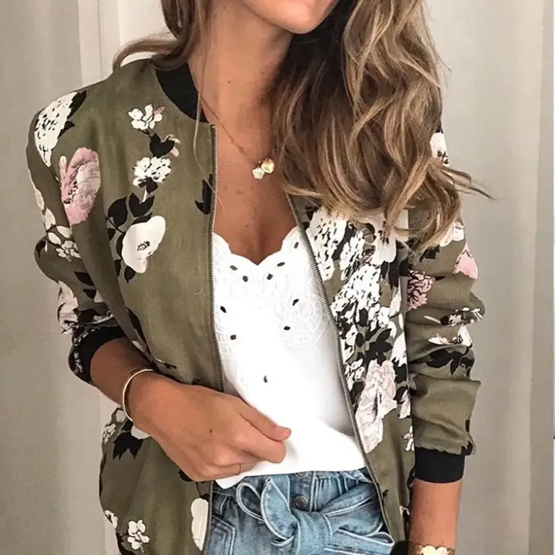 Jocoo Jolee Basic Jacket for Women Flower Print Long Sleeve Zipper Bomber Jacket Coat Autumn Winter Casual Windbreaker 2022