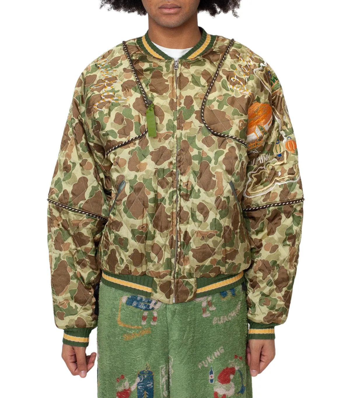 Kapital Rayon Satin Quilting Camo Sham Bomber Jacket (Beautiful Vietnam) Khaki