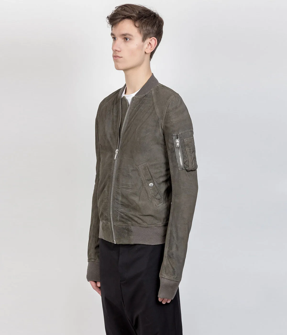 Khaki Green Distressed Suede Bomber Jacket