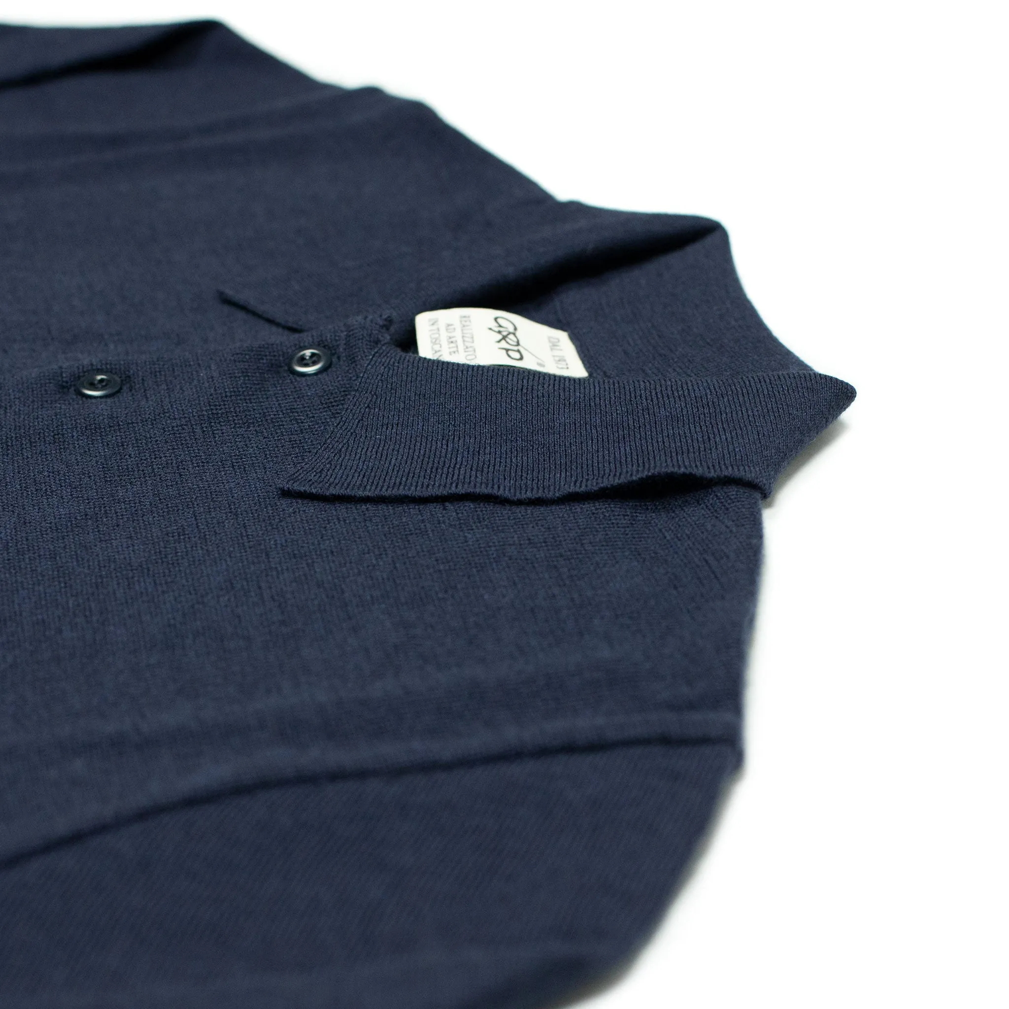 Knit long sleeve polo in navy blue merino wool (restock)