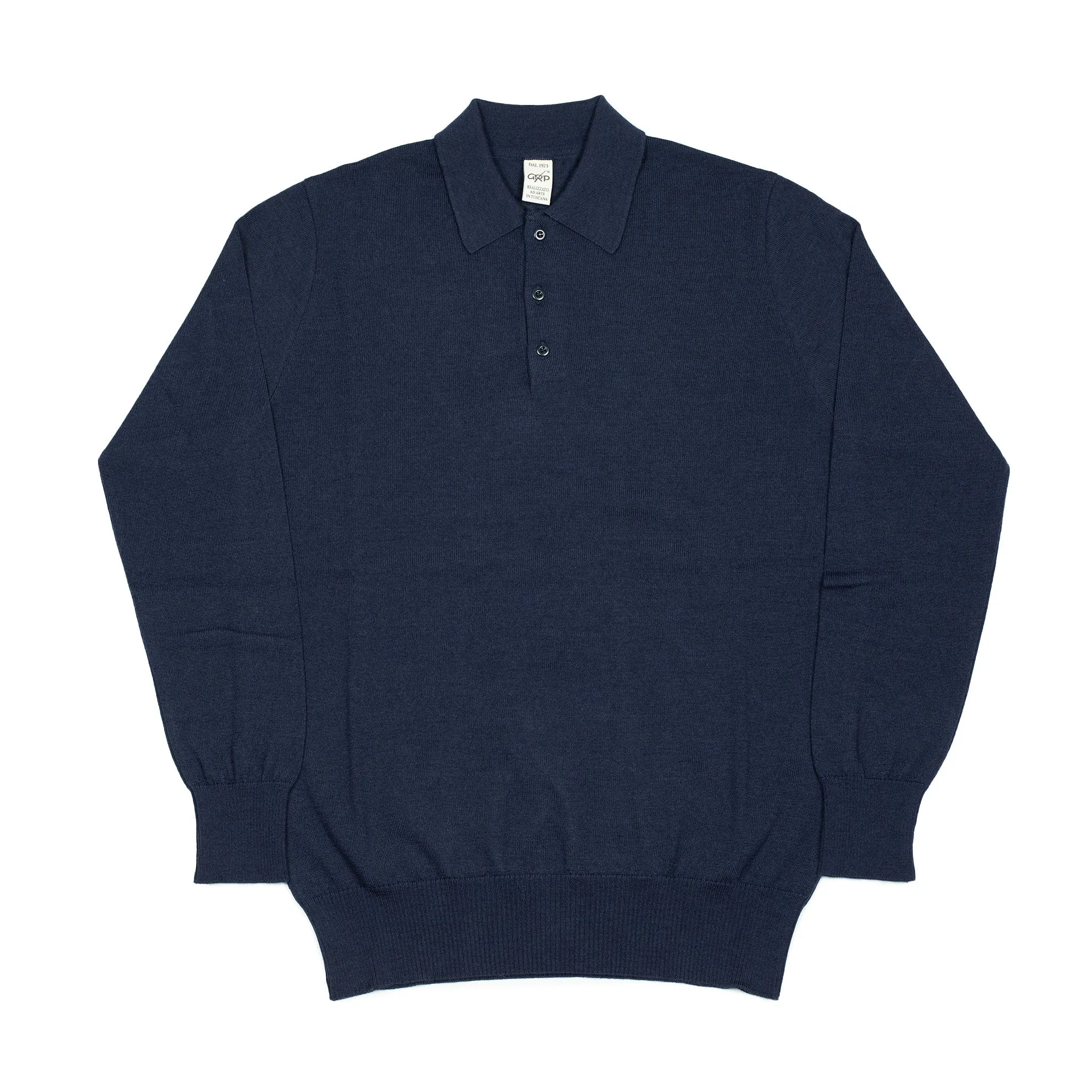 Knit long sleeve polo in navy blue merino wool (restock)