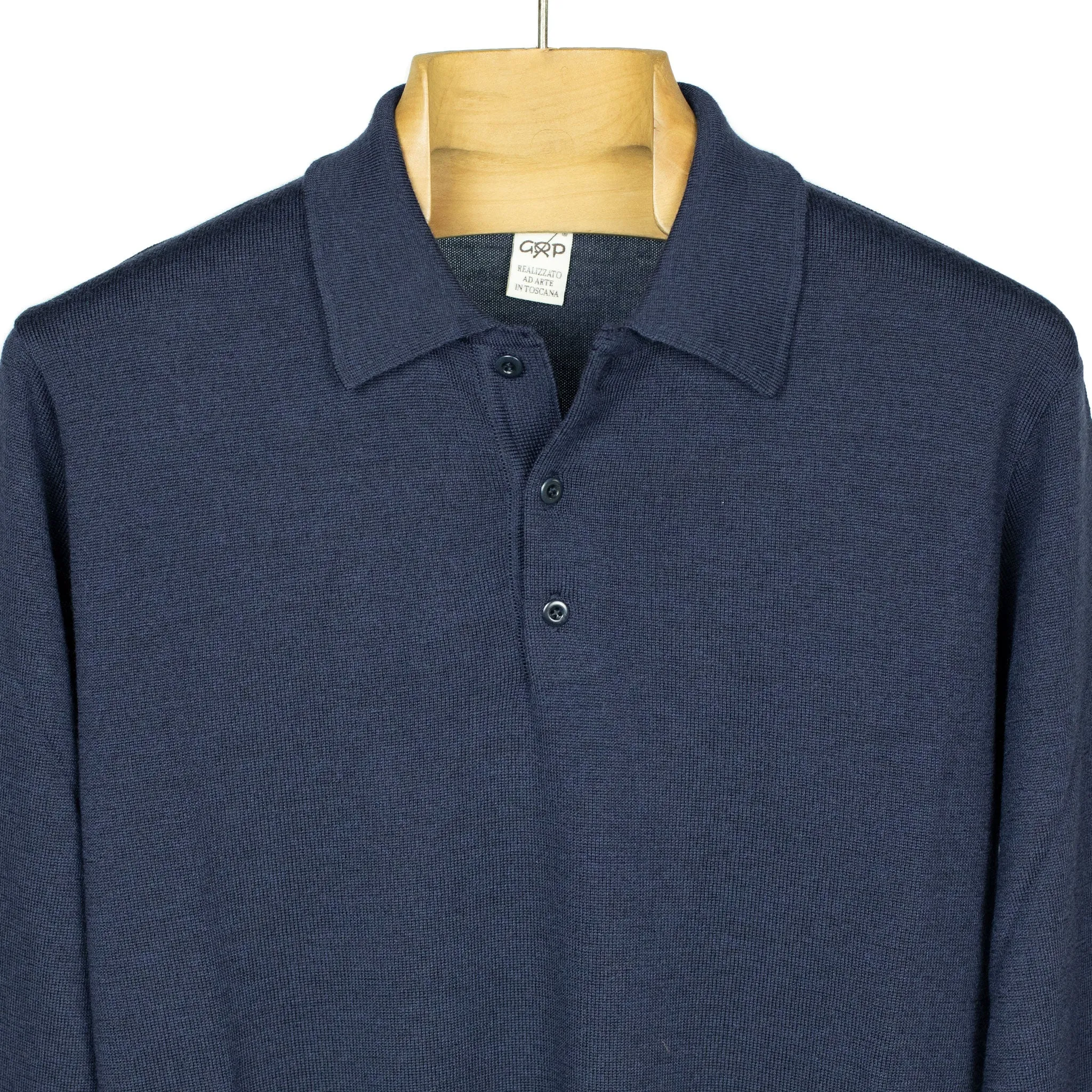 Knit long sleeve polo in navy blue merino wool (restock)