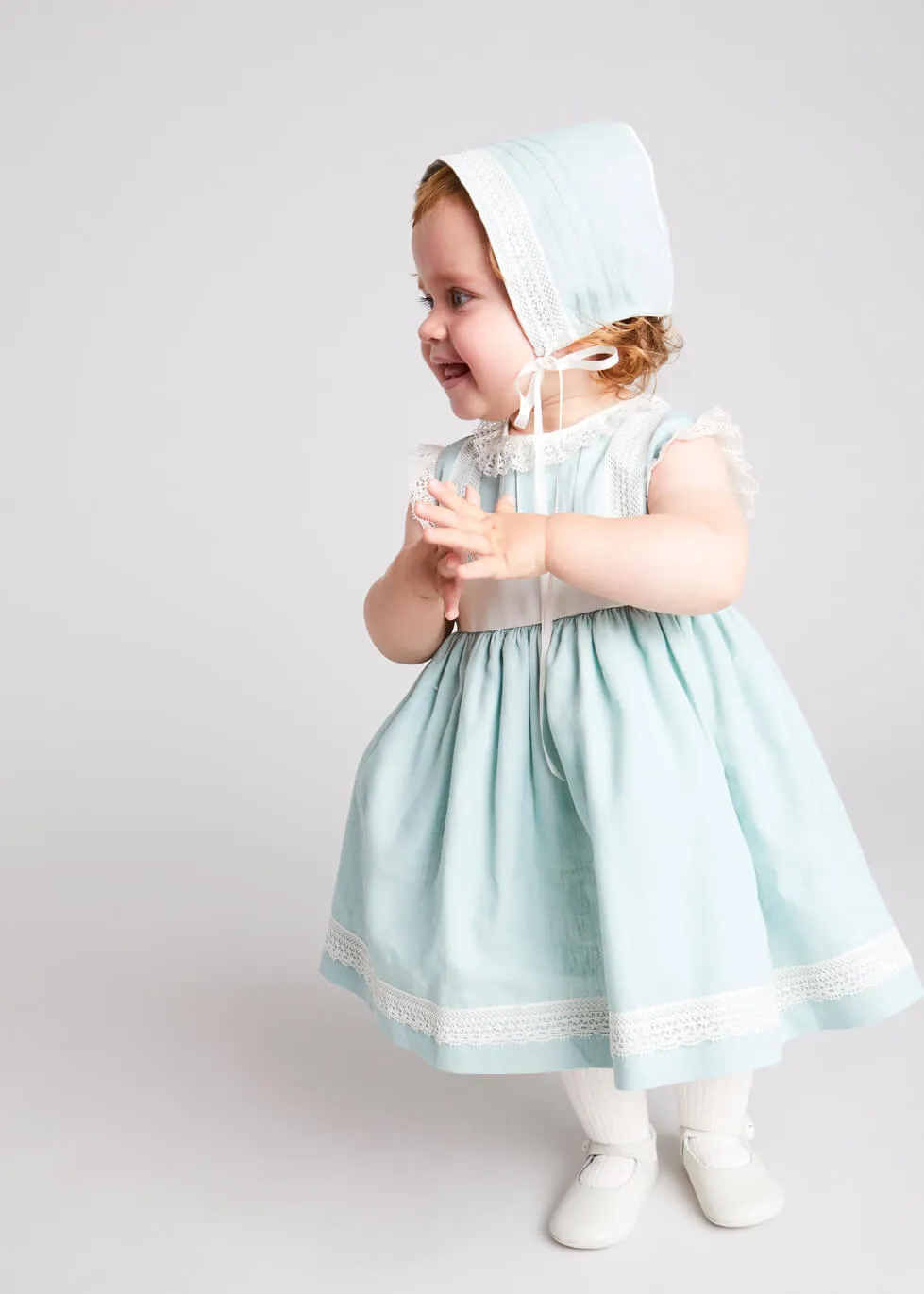 Lace Trim Ivory Bow Dress in Teal (6mths-5yrs)