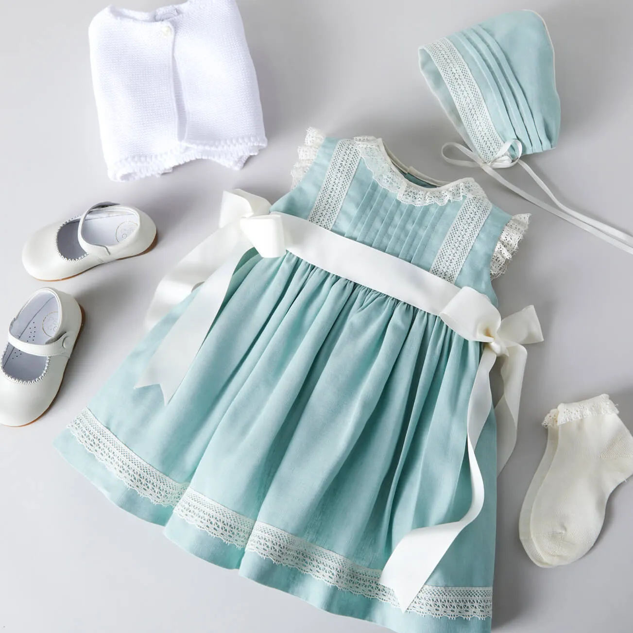 Lace Trim Ivory Bow Dress in Teal (6mths-5yrs)