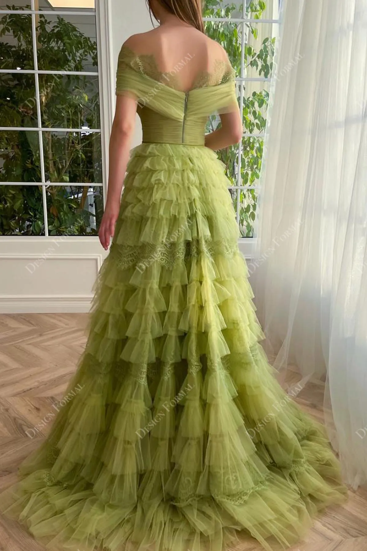 Lime Green Off-shoulder Luxury Pleated Tulle Custom Princess Gown