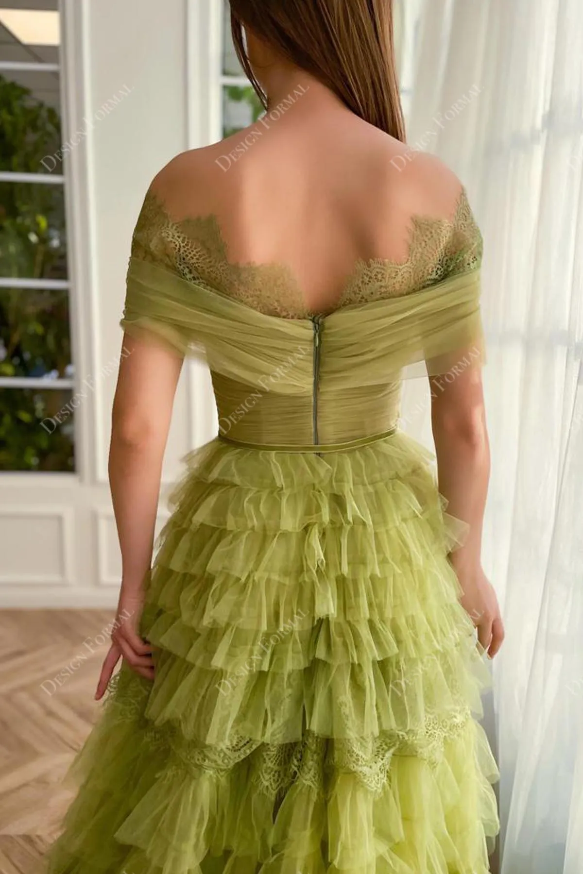 Lime Green Off-shoulder Luxury Pleated Tulle Custom Princess Gown