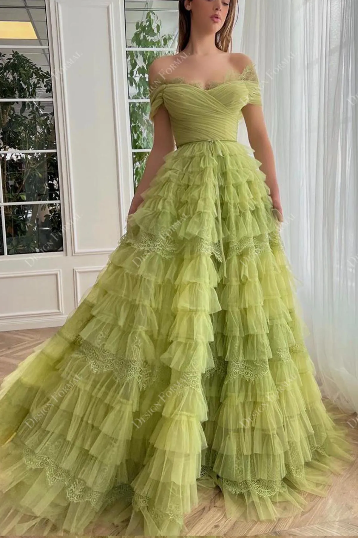 Lime Green Off-shoulder Luxury Pleated Tulle Custom Princess Gown