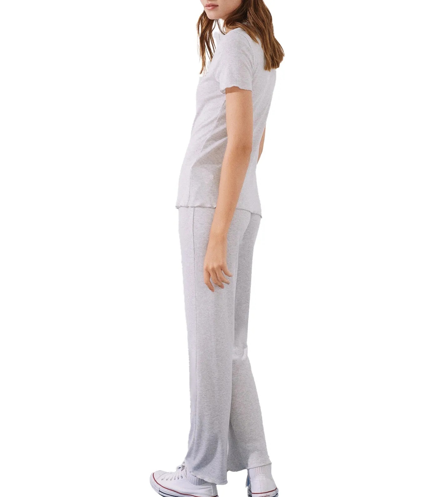 Long Ribbed Pajamas with Short Sleeves Set Gray