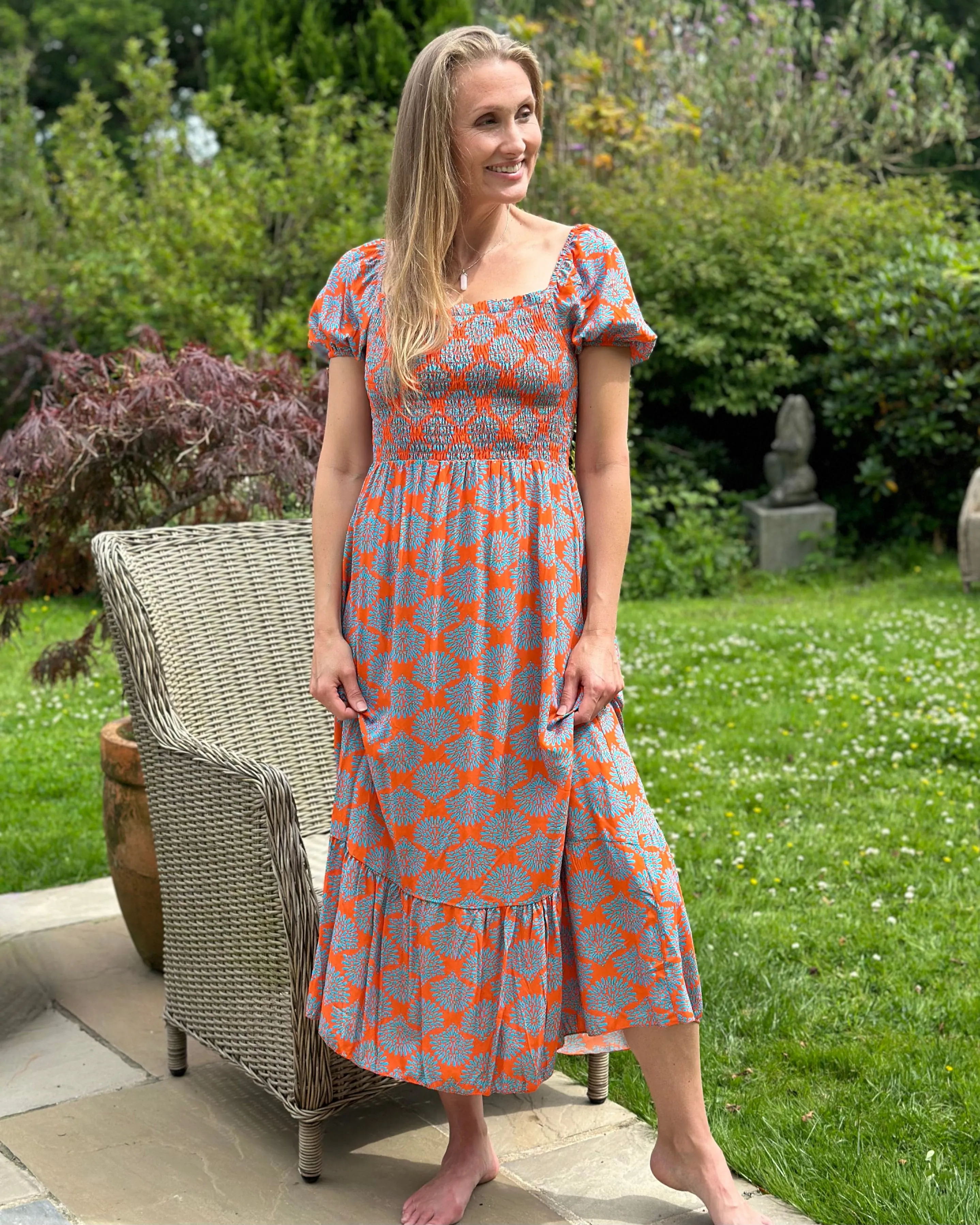 Long Ruched Bodice Print Dress - Orange/Denim