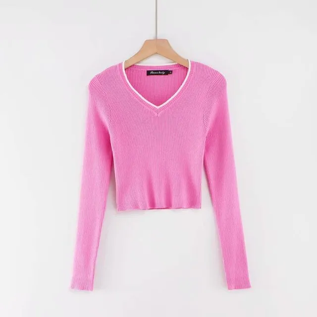 Long Sleeve Polo Shirts Knitted Sllim Blouse