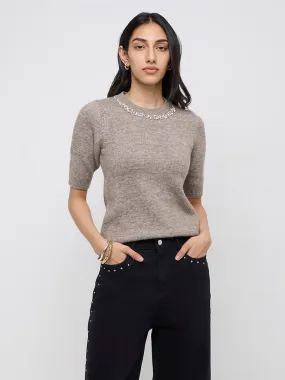 LOV Taupe Pearl Embellished Knitted Sweater