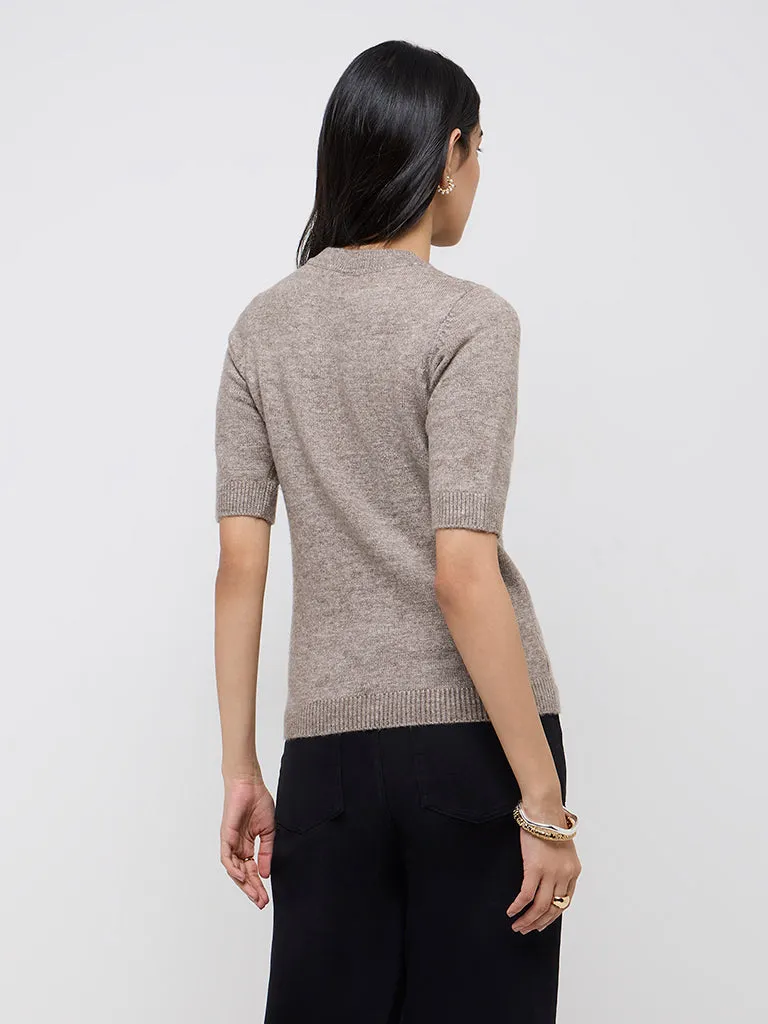 LOV Taupe Pearl Embellished Knitted Sweater