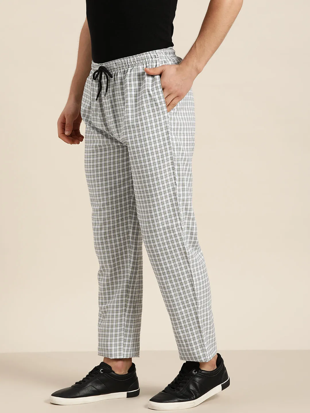 Men's Cotton Green & White Checked Track Pant - Sojanya