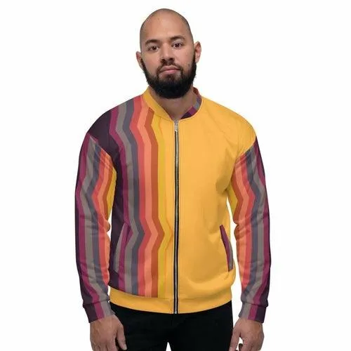 Mens Jacket - Edgy Retro Striped Bomber Jacket Orange/black