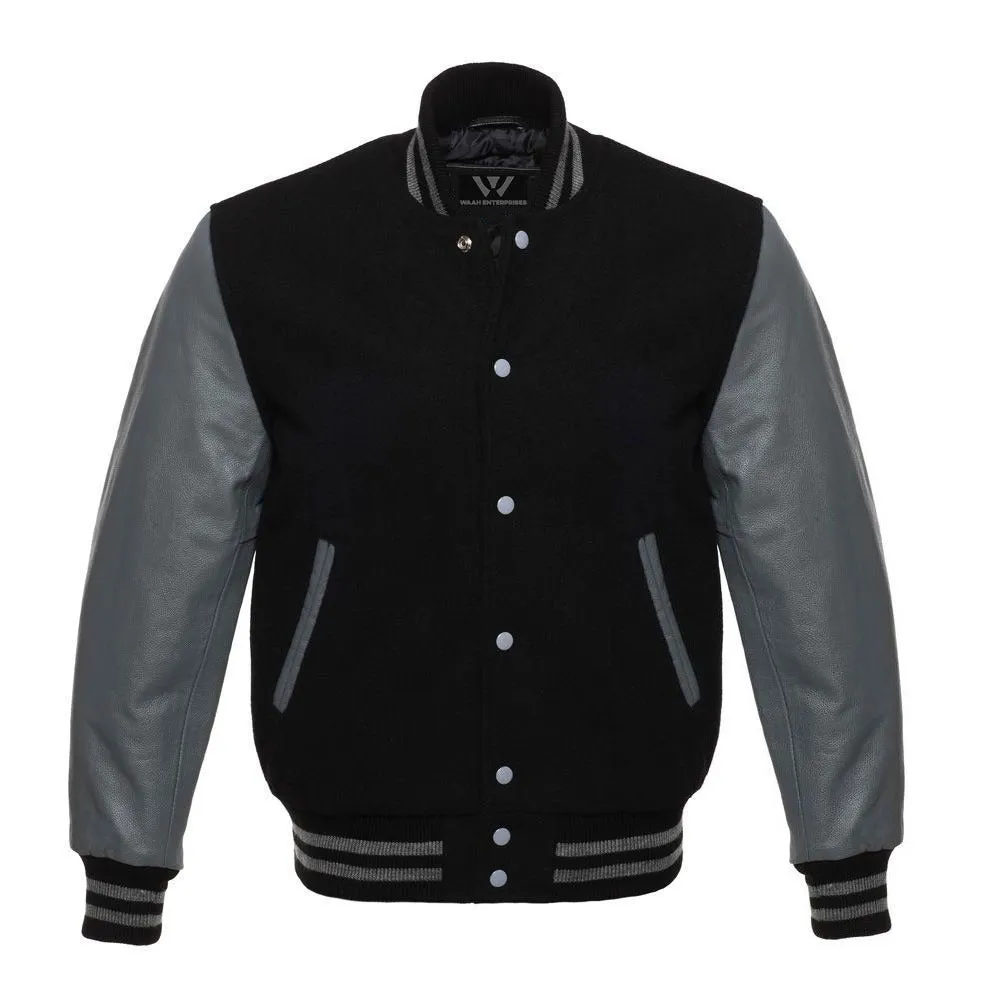 Men's Letterman Varsity Bomber Jacket with Striped Rib & Genuine Leather Sleeves - Black/Gray