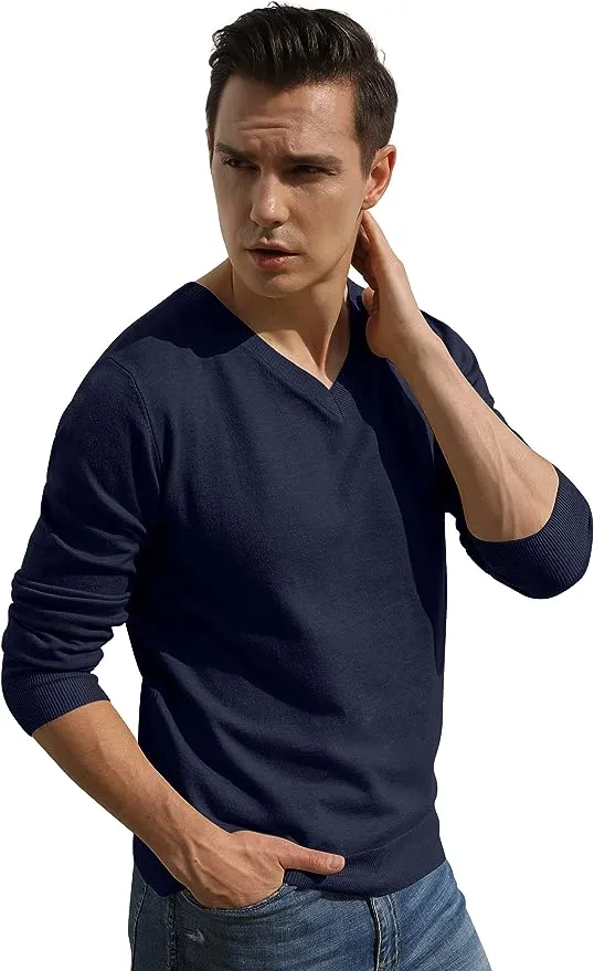 Men's V-Neck Casual Sweater Structured Knit Pullover - Navy