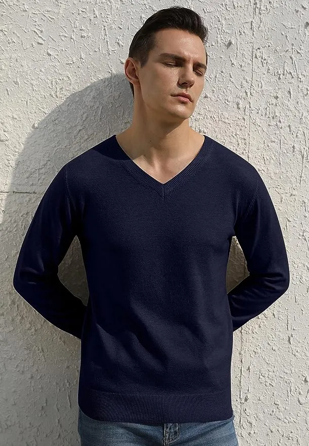 Men's V-Neck Casual Sweater Structured Knit Pullover - Navy