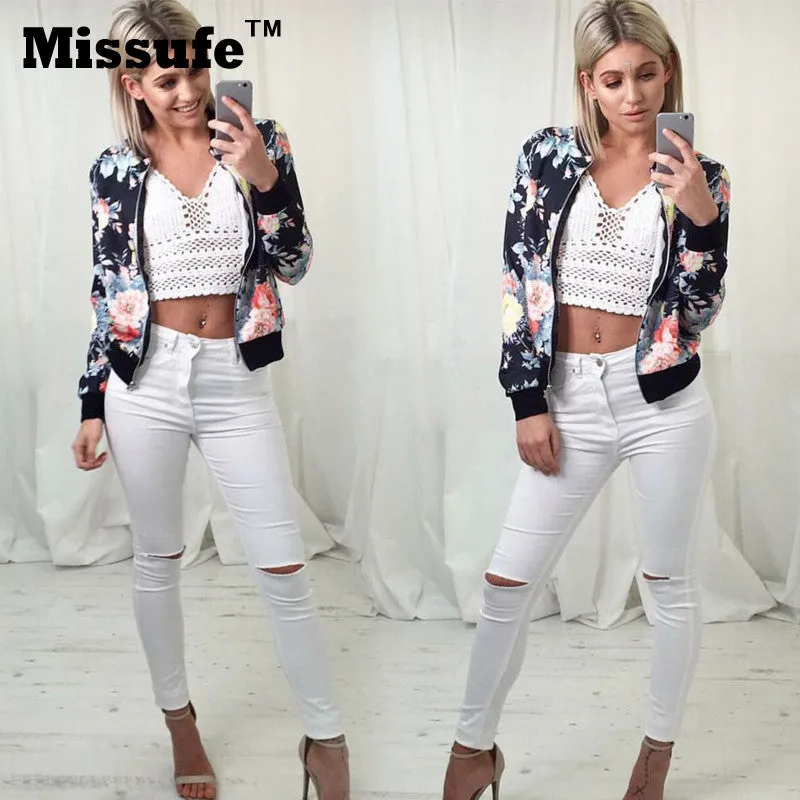 Missufe Women Basic Coats 2016 Casual Slim Zippers Print Bomber Jacket Street Fashion Outfit Female Autumn Winter Jackets