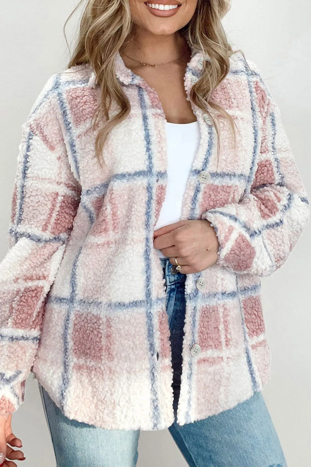 Multicolor Check Print Turn Down Collar Sherpa Jacket