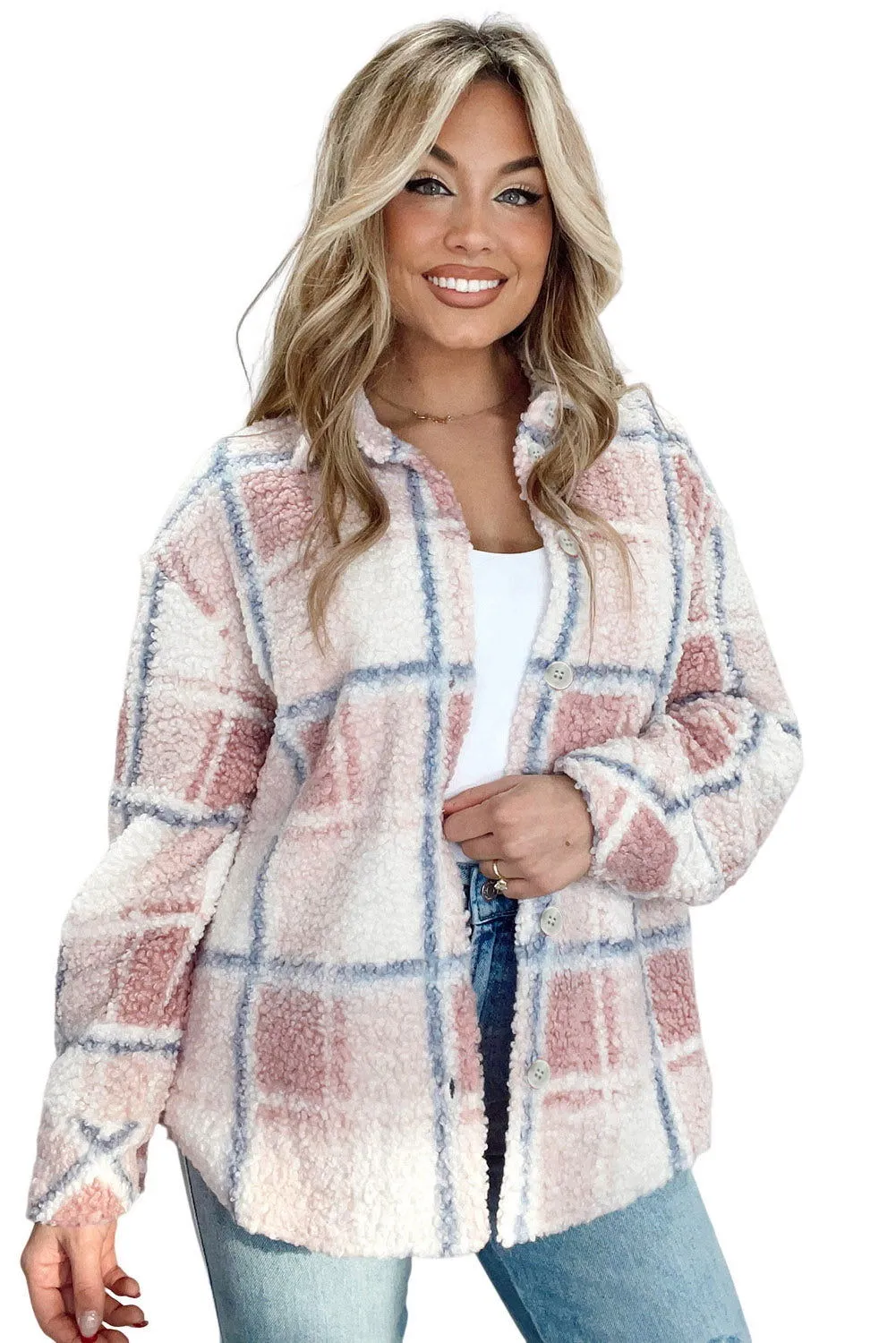 Multicolor Check Print Turn Down Collar Sherpa Jacket