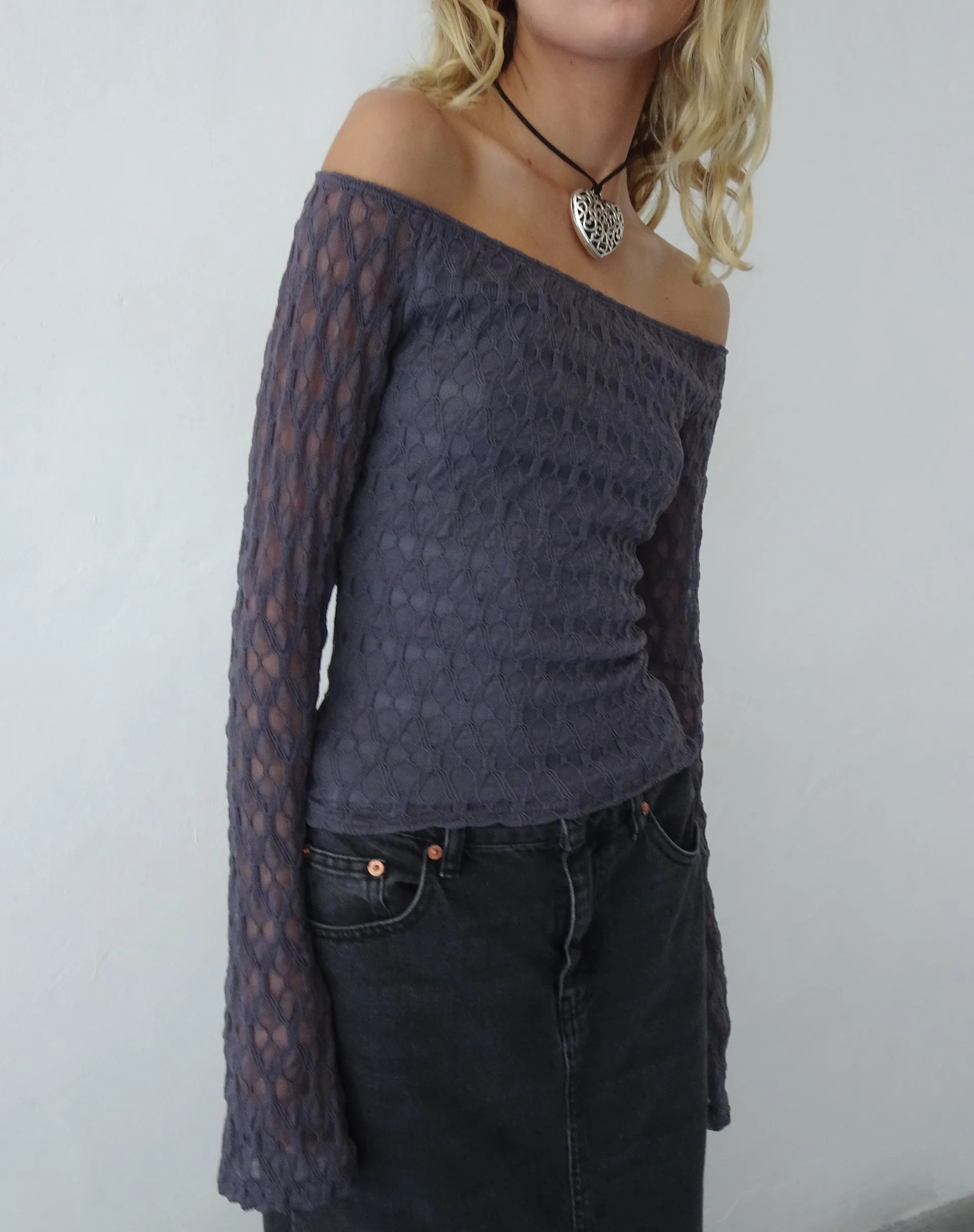 Neira Long Sleeve Bardot Top in Textured Knit Ocean Storm