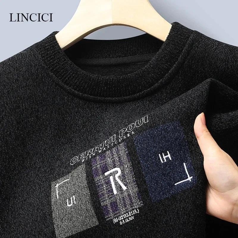 New Men's Sweater with Thick Velvet for Warmth Round Neck Letter Embroidered Knitted Inner Undercover