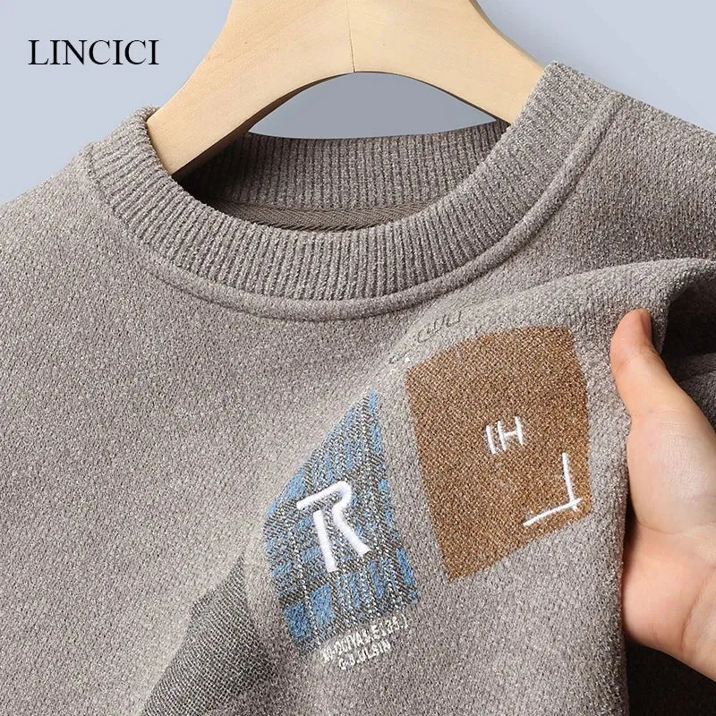 New Men's Sweater with Thick Velvet for Warmth Round Neck Letter Embroidered Knitted Inner Undercover