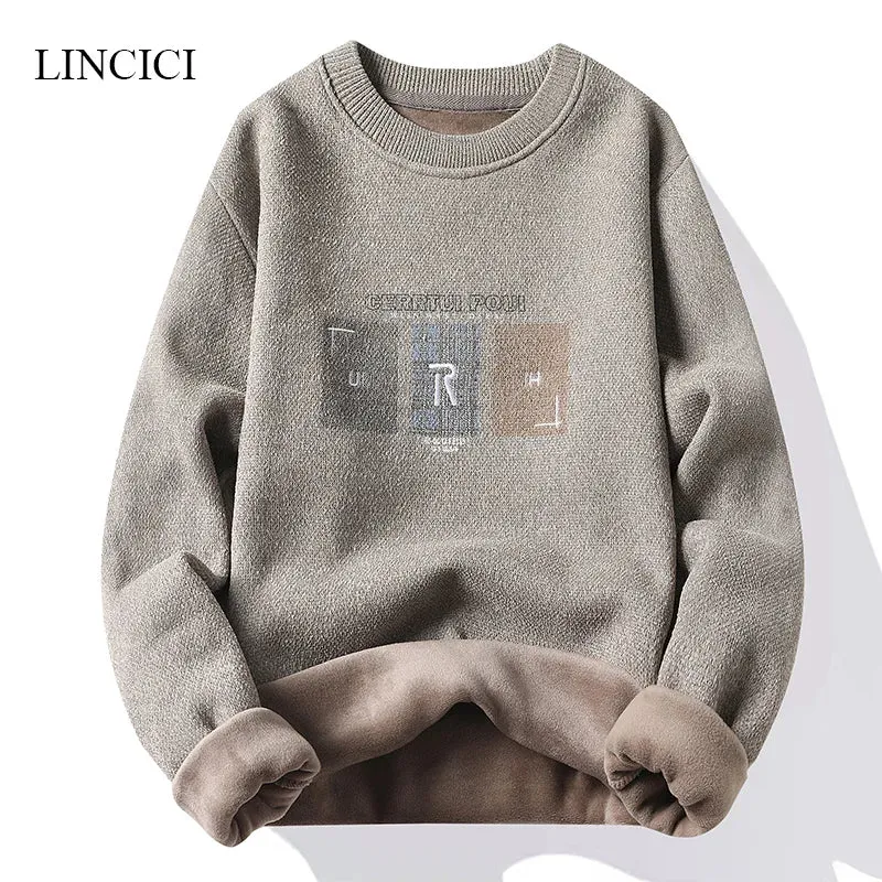 New Men's Sweater with Thick Velvet for Warmth Round Neck Letter Embroidered Knitted Inner Undercover